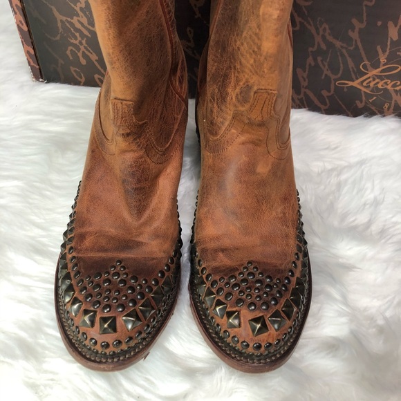 LUCCHESE COWGIRL BROWN STUDDED BOOTS - Picture 2 of 7